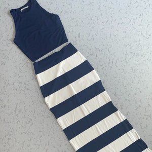 Nadia Tarr- Stripped Maxi Pencil Skirt/Matching Dark Blue Crop Top (XS)